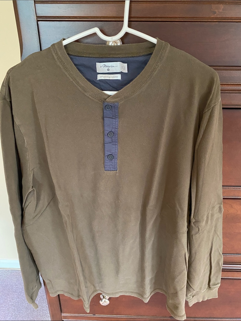 3.1 Phillip Lim Olive Long-Sleeve Henley with Navy Placket